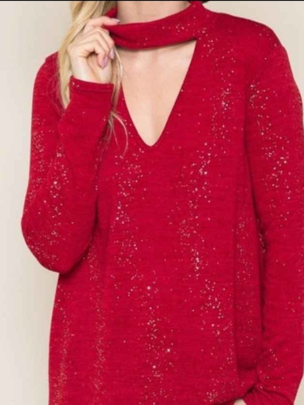 Acting Pro Red Glitter Cutout V-Neck Sweater